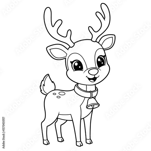 A cheerful cartoon reindeer with large eyes and antlers stands smiling, wearing a festive bell around its neck, with spots on its back and a fluffy tail.
