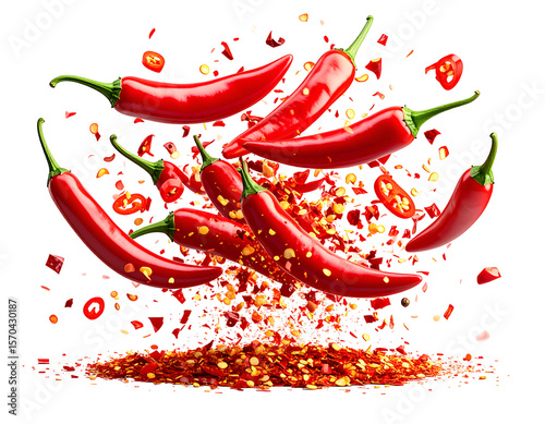 Red chili peppers and flakes suspended in air. Sharp focus, bright light, black background