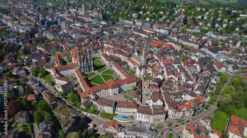 Aerial view around the old town and monastery of the city St Gallen in switzerland on a sunny summer day