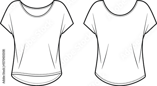  Blank Womenswear Dolman Sleeve T-Shirt Flat Sketch, Front and Back Views, Loose Fit Apparel Template, Comfortable Casual Wear Mockup, Customizable Fashion Design for Everyday Style, Basic Top.