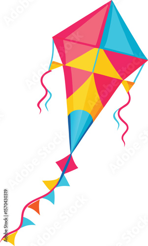 Colorful geometric kite with flowing streamers flying triangular
