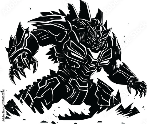 A powerful, stylized illustration of a menacing, armored creature, depicted in bold black silhouette.