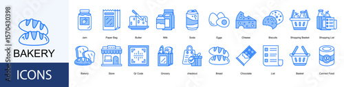 Bakery icon collection set. Containing Jam, Paper Bag, Butter, Milk, Soda, Eggs, Cheese, Biscuits icon