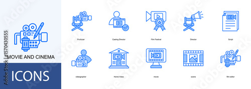 Movie and cinema icon collection set. Containing Producer, Casting Director, Film Festival, Director, Script icon