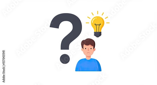 Young Man Contemplating a Solution, Question Mark and Lightbulb