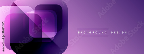 Abstract purple layers create modern design. Gradient shapes overlap, forming dynamic visual effect. Minimal text complements composition.
