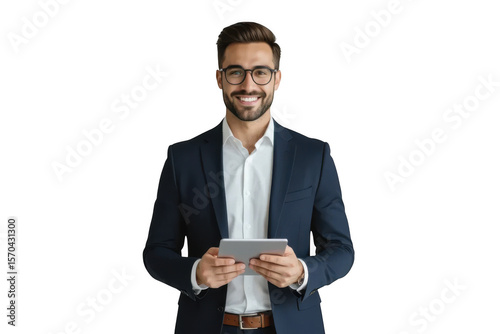 Smiling businessman holding tablet isolated on transparent background