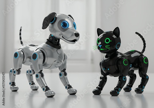 Robotic dog and cat, futuristic pets with neon accents, standing indoors