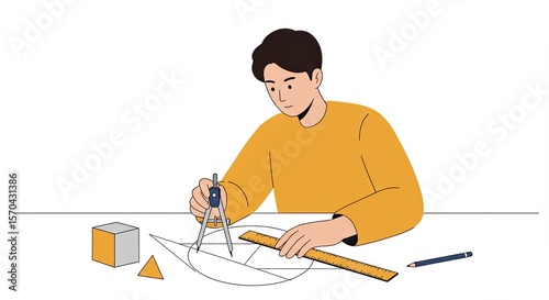 Young man is drawing geometric shapes using compass and ruler on a table