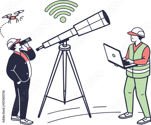 Drone observation with telescope and laptop tripod wifi signal