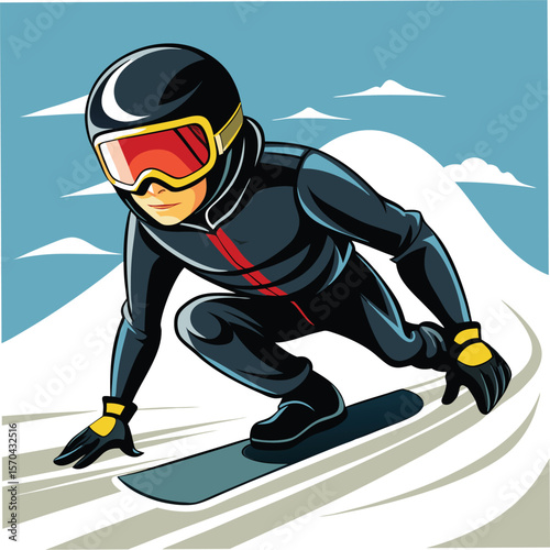 Dynamic snowboarder in action on snowy mountain slope silhouette