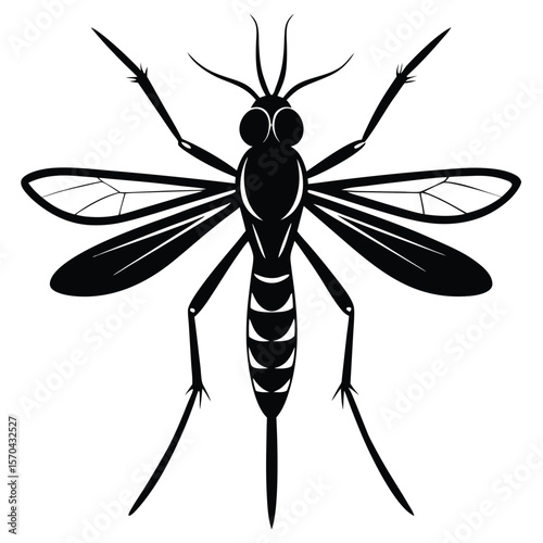 Stylized black silhouette of a mosquito with detailed wings and segmented body