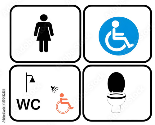 Set of restroom symbols in black and blue featuring icons for women, accessible toilet, and accessible shower. 