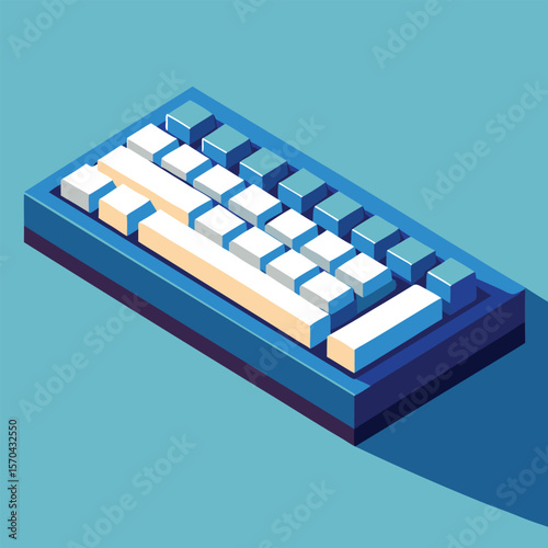 Isometric view of a minimalist keyboard with blue and white keys silhouette