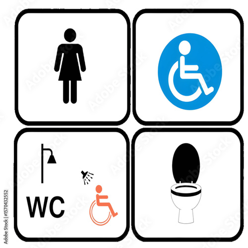 Set of restroom symbols in black and blue featuring icons for women, accessible toilet, and accessible shower. 