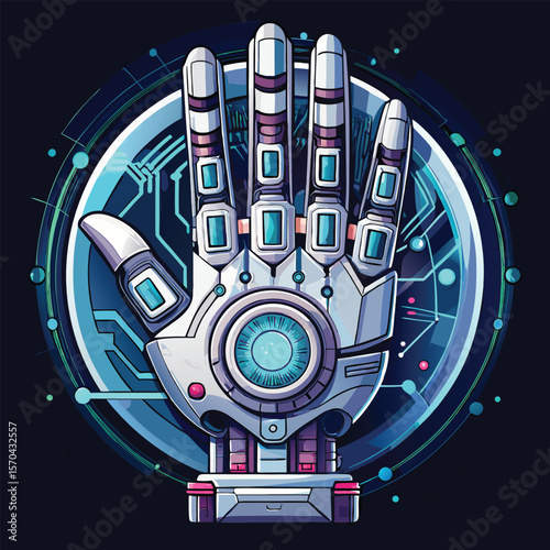 Futuristic robotic hand with glowing blue eye and circuit board design silhouette