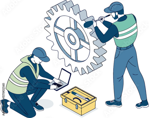 Engineers working on large gear with laptop and toolbox mechanics machinery