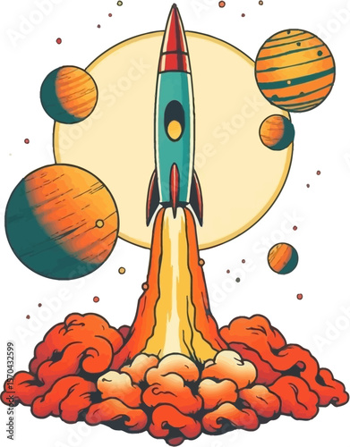 Powerful rocket ascending amidst a cluster of planets, vivid colors, fiery exhaust, celestial bodies in the backdrop, inspiring sense of discovery