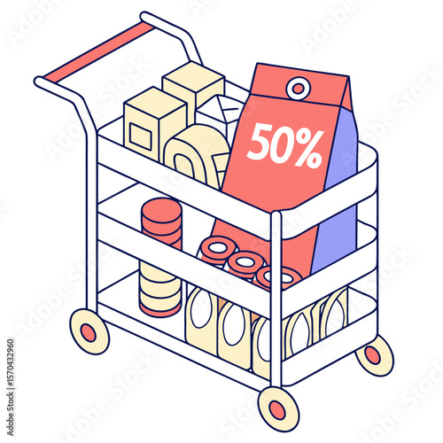 Isometric view of a shopping cart filled with various grocery items and a prominent fifty percent off sign