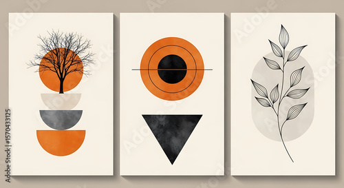 Abstract wall art set of three decorative panels in neutral colors and minimalist design