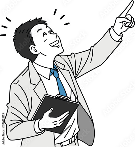 Excited man in suit pointing upwards holding a clipboard blue tie white shirt