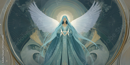 Mystic angel illustration radiating healing energy – a spiritual being of light with divine heart energy. A guardian angel for peace, love, and inner transformation – a vision of grace and divinity.