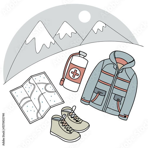 Illustration of hiking equipment including a map jacket boots and first aid kit with mountains behind