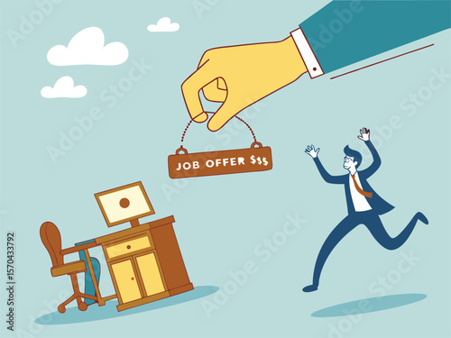 Excited businessman runs towards job offer sign held by giant hand career opportunity