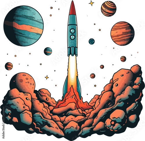 A sleek rocket blasting off, surrounded by swirling planets, bright colors and cosmic dust, energetic and adventurous vibe, deep space exploration