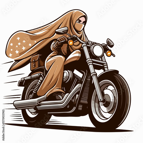 Muslim hijabers vector illustration riding a harley motorbike