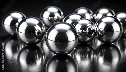 Group Of Shiny Metal Spheres On Dark Reflective Surface