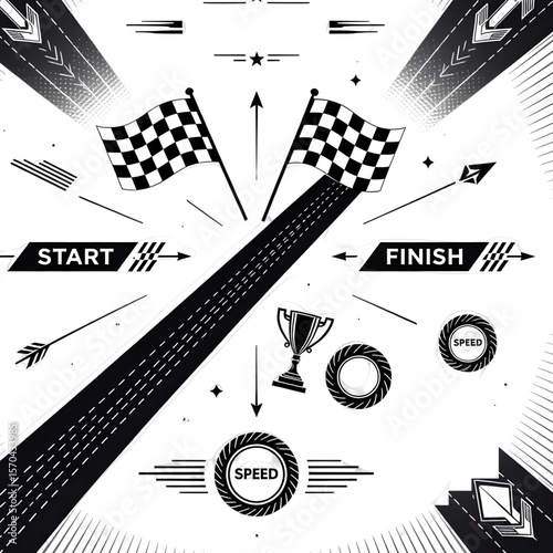 Set of game racing icons, start, finish, flag, speed, isolated, svg