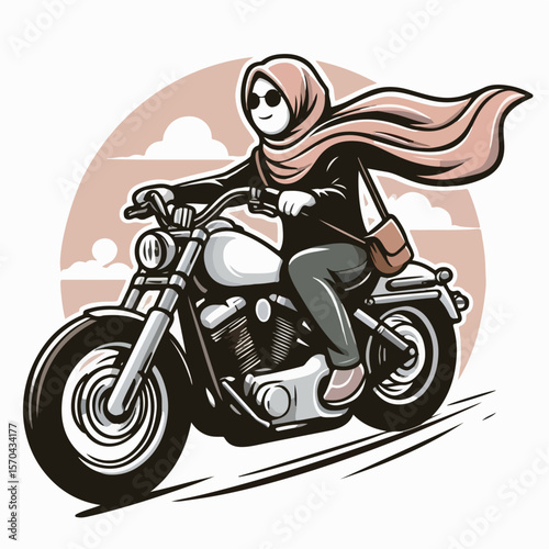 Muslim hijabers vector illustration riding a harley motorbike