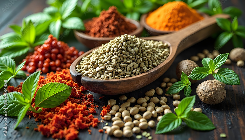 Fototapeta premium Wooden bowl filled with dry spices or herbs. Represents cooking, culinary ingredients, or natural flavors. Rustic and aromatic.