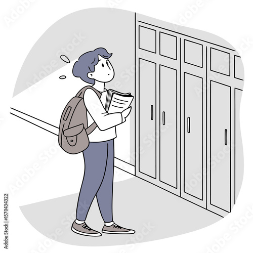 Student with backpack and books looking at lockers in a hallway with a worried expression on his face