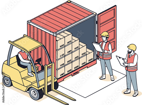 Forklift loading shipping container with boxes and workers unloading