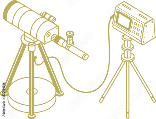 Gold telescope and scientific instrument on tripods optical technology