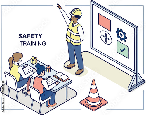 Instructor pointing at safety icons on screen for trainees safety training instruction