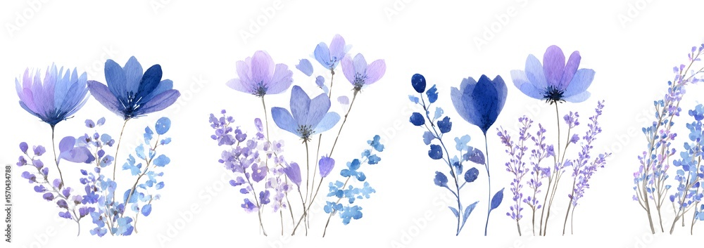 Fototapeta premium Set of watercolor blue and lavender wildflowers isolated on a white background, illustration, simple design