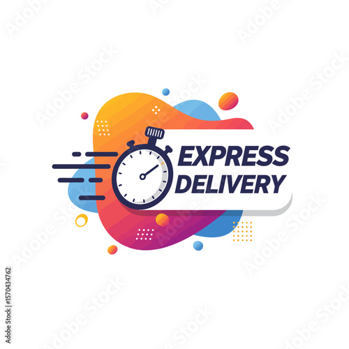 Express delivery concept featuring a stopwatch and colorful abstract design.