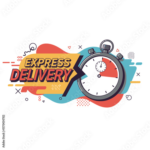 Fast express delivery service, symbolized by a stopwatch and vibrant design elements.