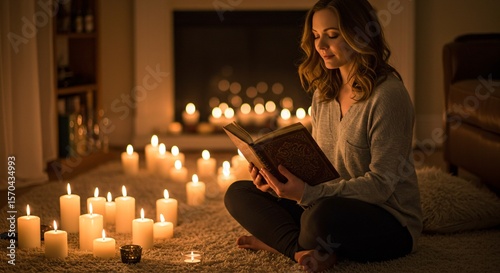 A woman calmly reads a book in a candlelit setting, enhancing a peaceful ambiance for mindfulness and relaxation