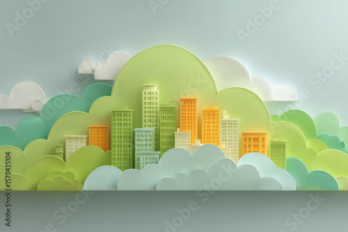Green City Sustainable Environment Urban Landscape Buildings Skyline 3D Layered Concept Future Development Illustration