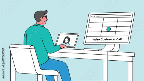 Man on video conference call with colleague woman laptop