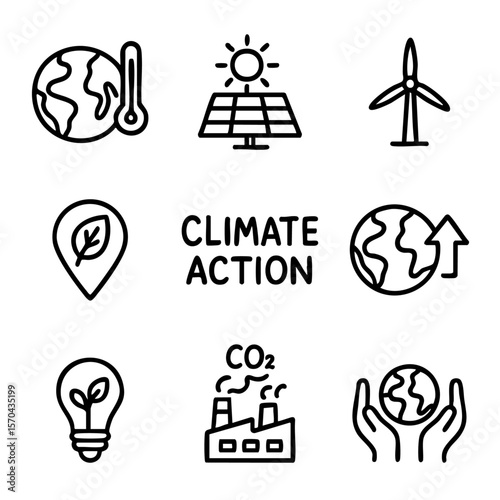 A set of doodle line icons focused on climate action, global warming, renewable energy, sustainability, carbon emissions, and eco solutions