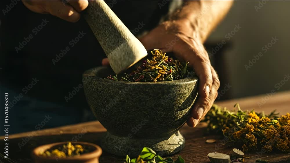 Person's hands grinding dried herbs and flowers in a stone mortar with a pestle on a wooden table