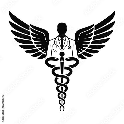 Winged healthcare guardian with caduceus and radiant halo

