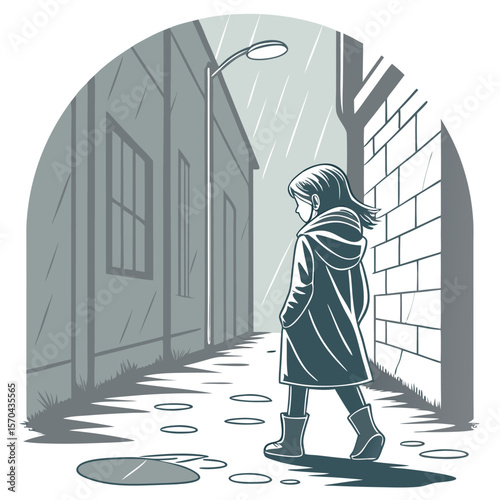 A girl in a raincoat and boots walking down a rainy street with buildings and a street light visible