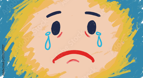 Sad cartoon face with tears and yellow hair on blue background  