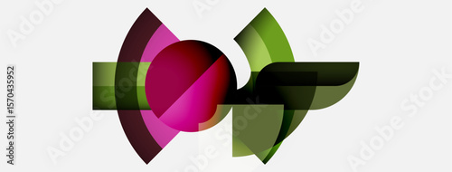 Abstract design features overlapping shapes, vibrant colors. Pink sphere dominates composition, green hues complement overall aesthetic. Modern, minimalist.
